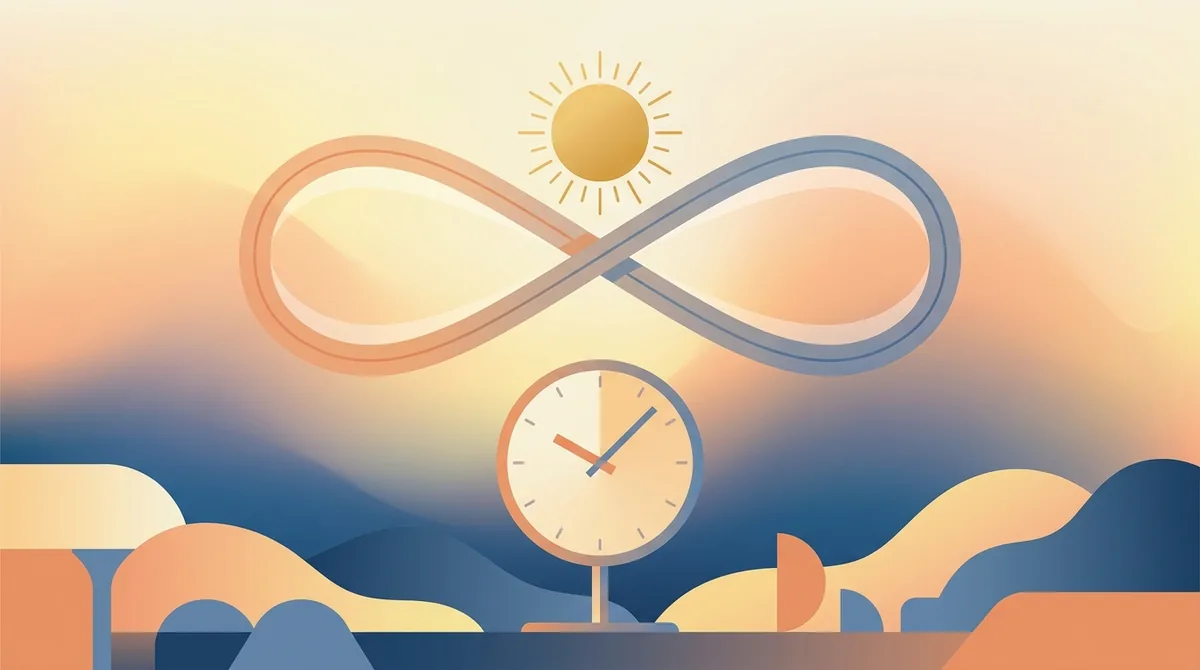 Aurinkokello, joka heittää lyhyen varjon keskipäivällä, vieressä moderni kello, joka näyttää kello 12:00, havainnollistaen aurinkokeskipäivän ja kellokeskipäivän välistä eroa